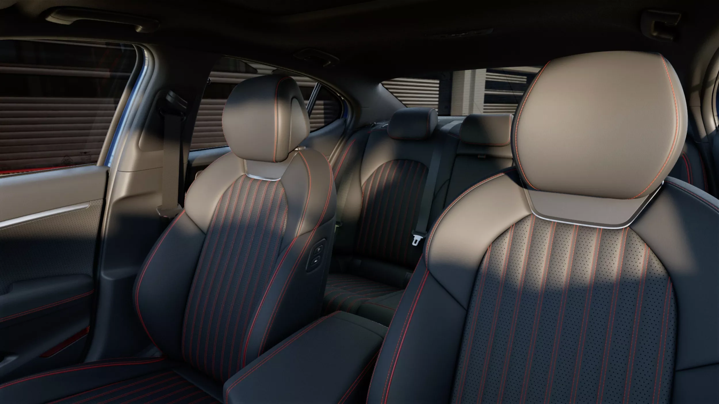Interior front cabin pov of rear leather seating in Genesis G70 with sunlit cabin details