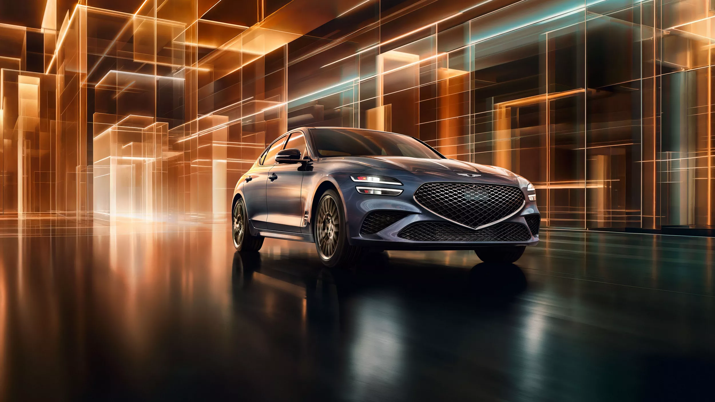 3/4 front passenger view of 2026 Genesis G70 3.3T AWD in Ceres Blue, in colorful digital environment