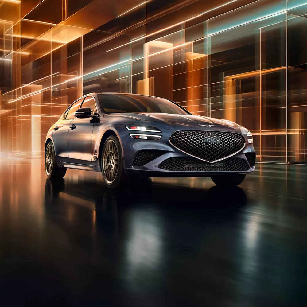 3/4 front passenger side view of 2027 Genesis G70 Prestige Graphite in colorful digital background