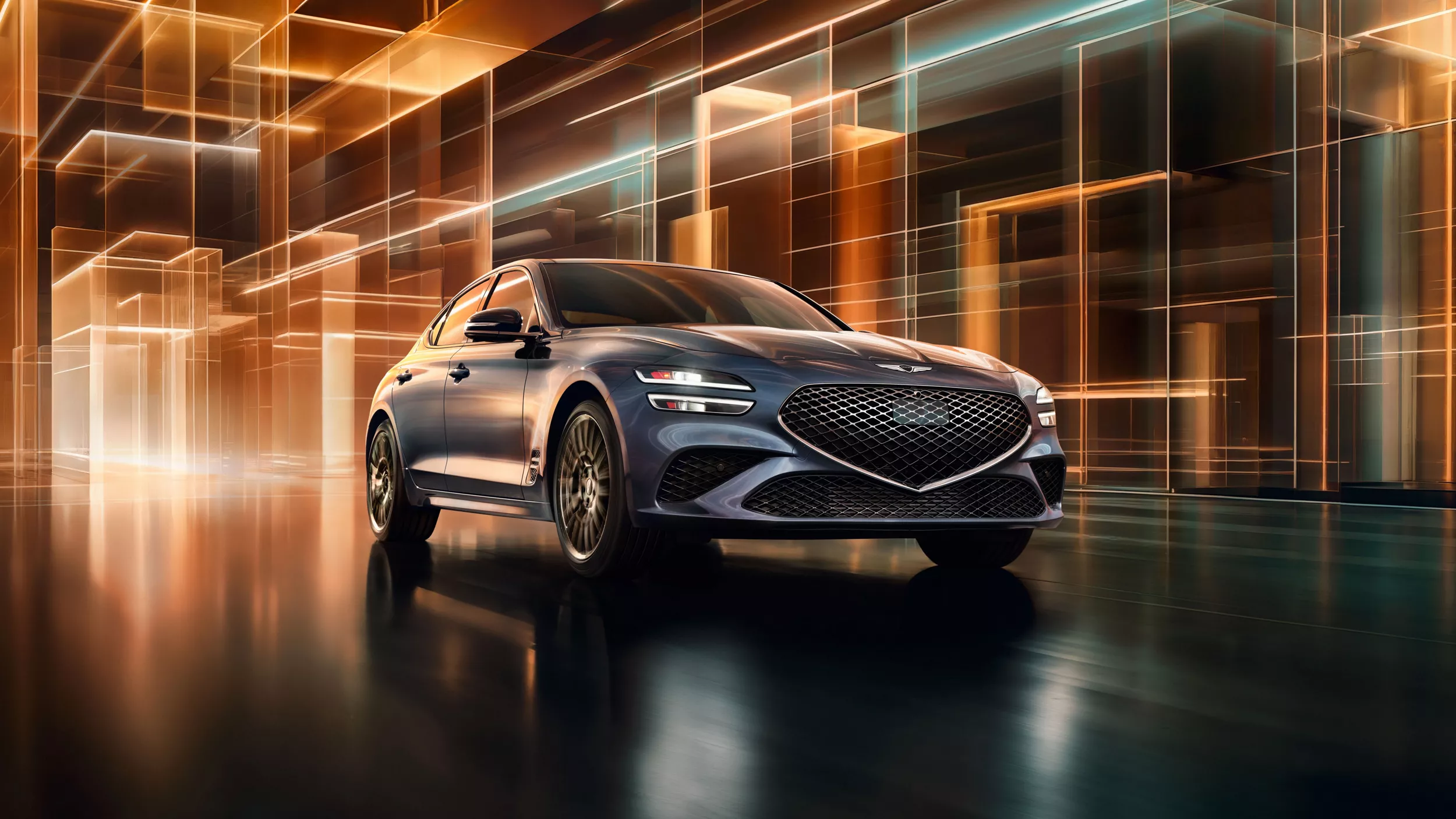 3/4 front passenger side view of 2027 Genesis G70 Prestige Graphite in colorful digital background