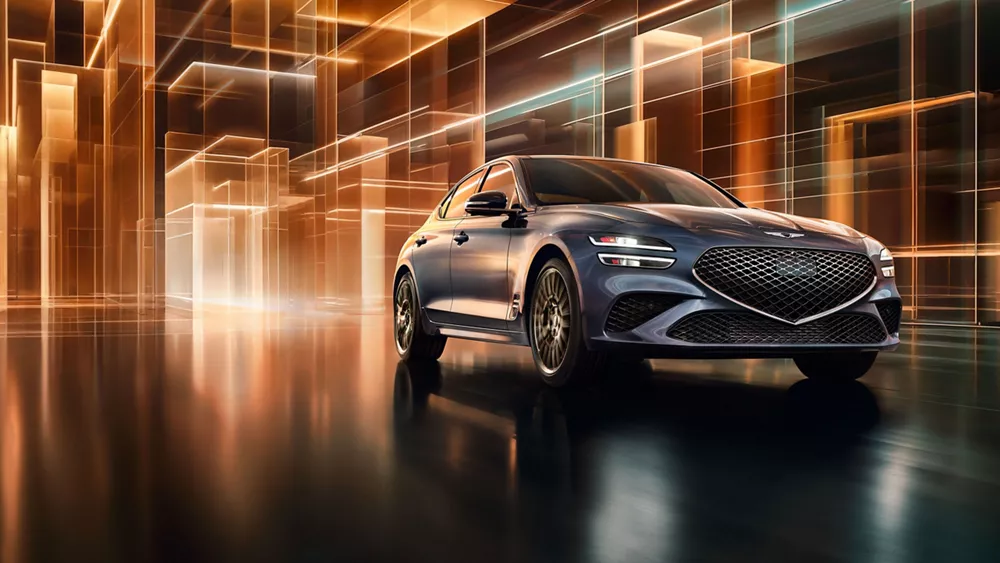2026 Genesis G70 Prestige Graphite in Ceres Blue driving through a glowing futuristic digital tunnel