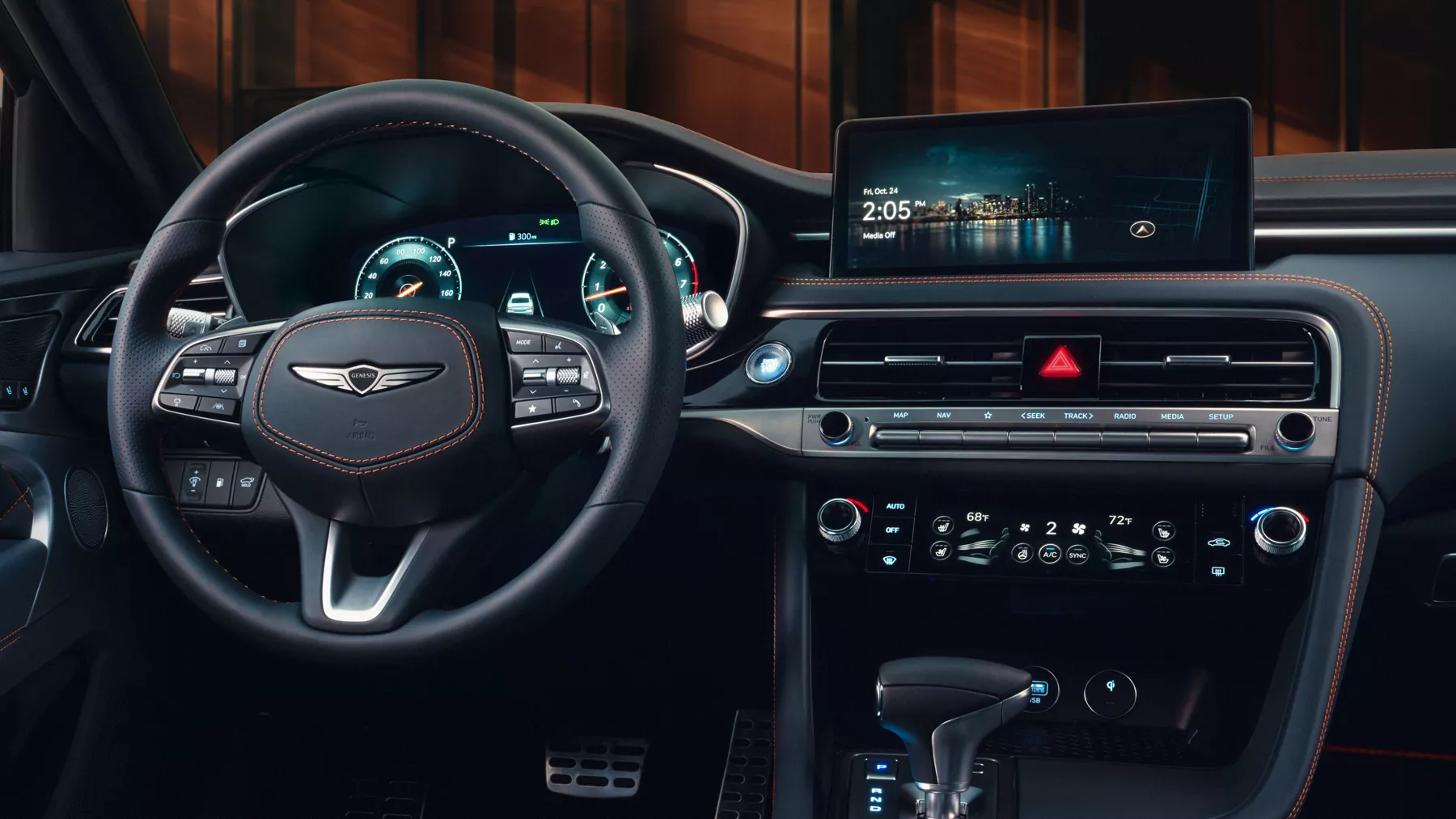 Interior close up of steering wheel and dashboard inside 2027 Genesis G70
