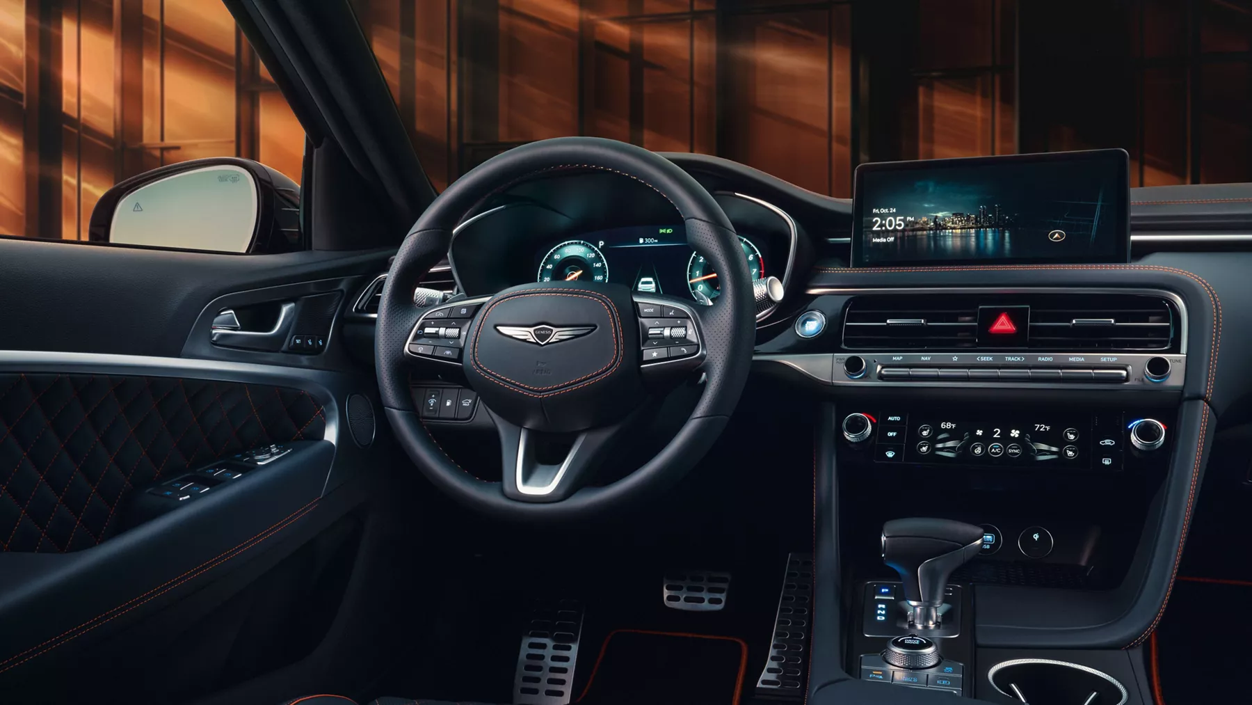 Interior close up of steering wheel and dashboard inside 2027 Genesis G70