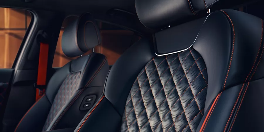Interior close up of quilted Nappa leather seating inside 2027 Genesis G70 Prestige Graphite