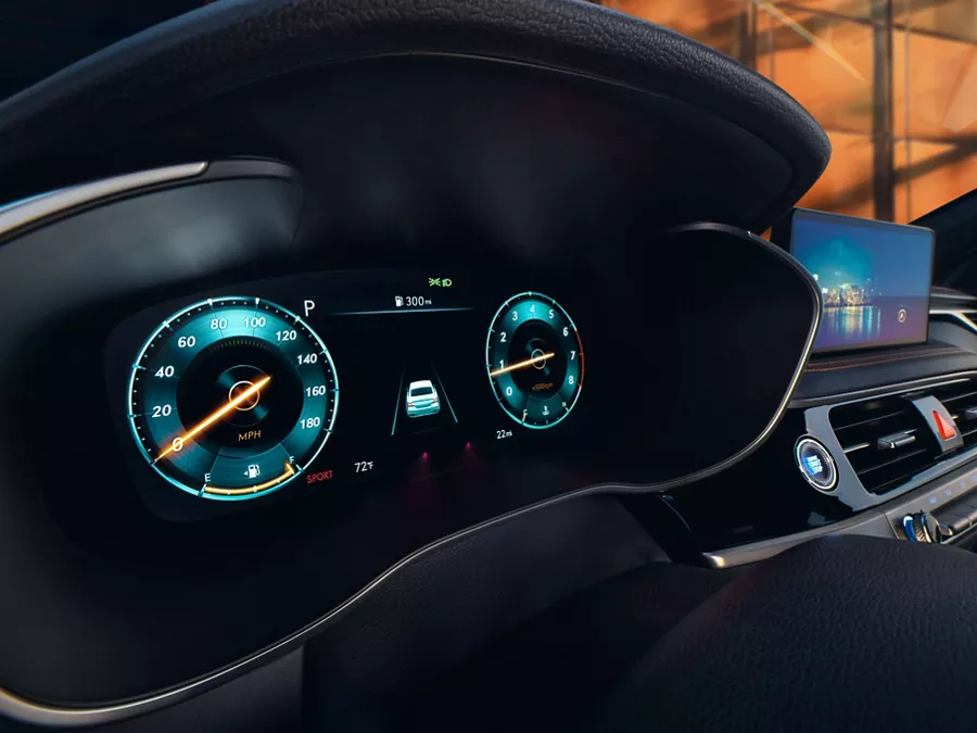 Interior view of digital gauge clusters inside 2027 Genesis G70 Prestige Graphite