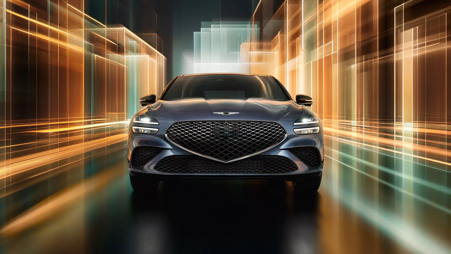 Front facing view of 2027 Genesis G70 Prestige Graphite against colorful digital background