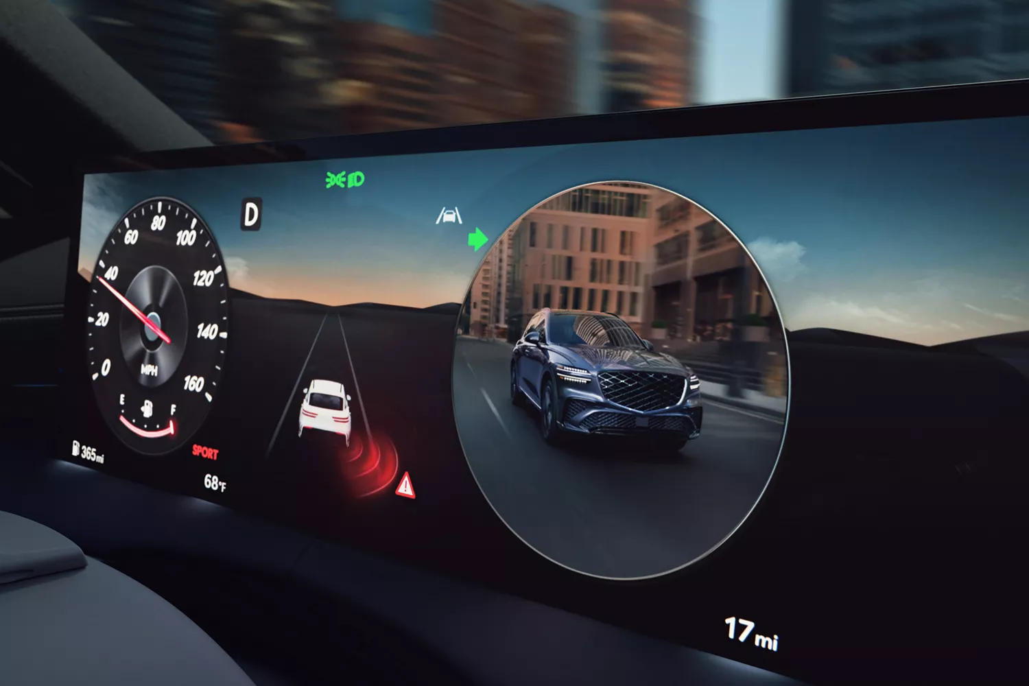 Close-up of 2026 Genesis GV70 27inch OLED display; rear-view camera, speedometer, blind spot monitor