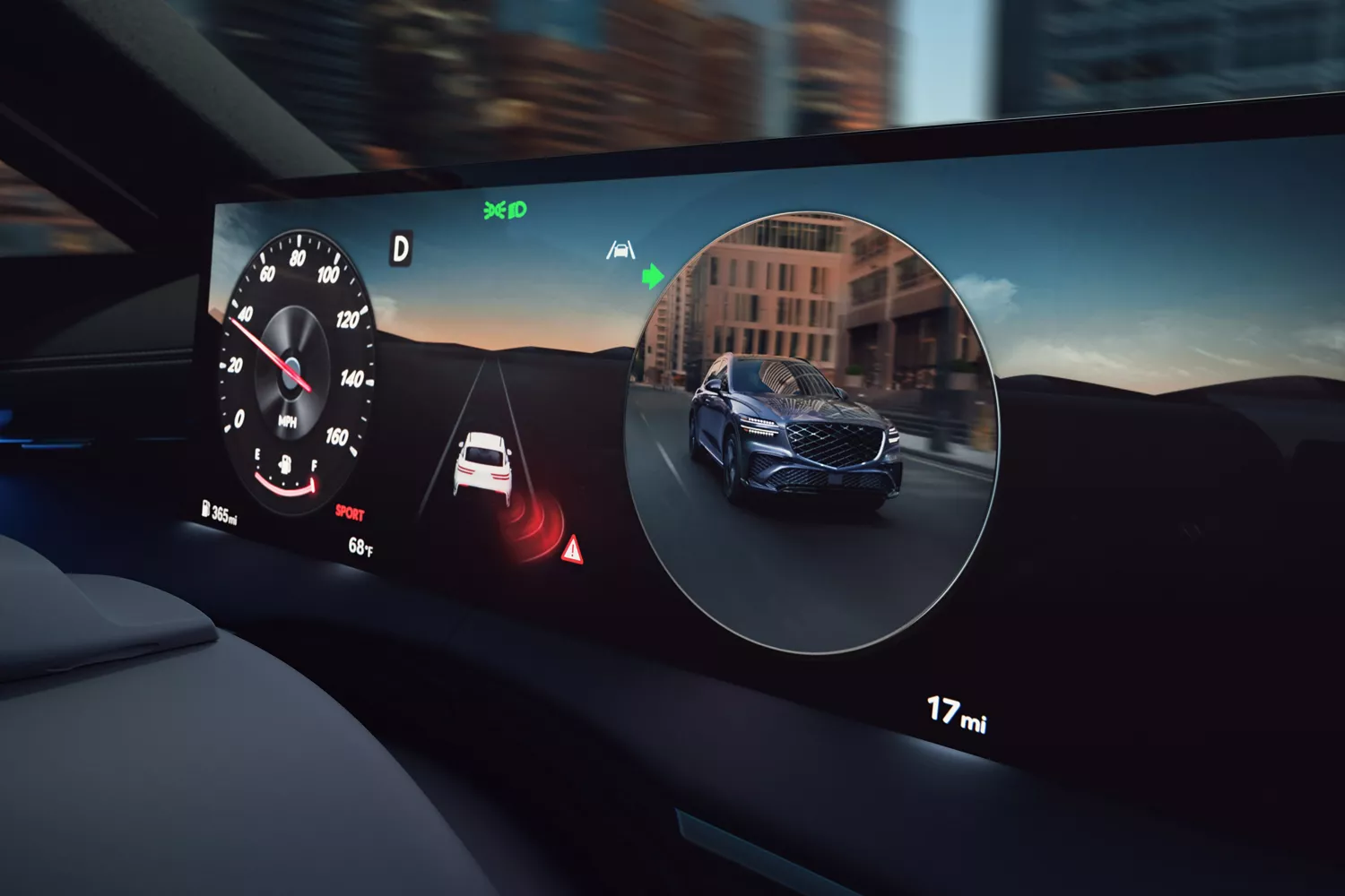 Interior view Genesis GV70 of dashboard showing Blind Spot Assist with car visible in side mirror alert