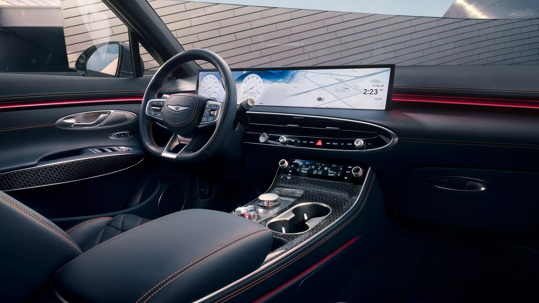 Interior passenger seat pov of cabin in obsidian black and ultra-marine blue, inside Genesis GV70