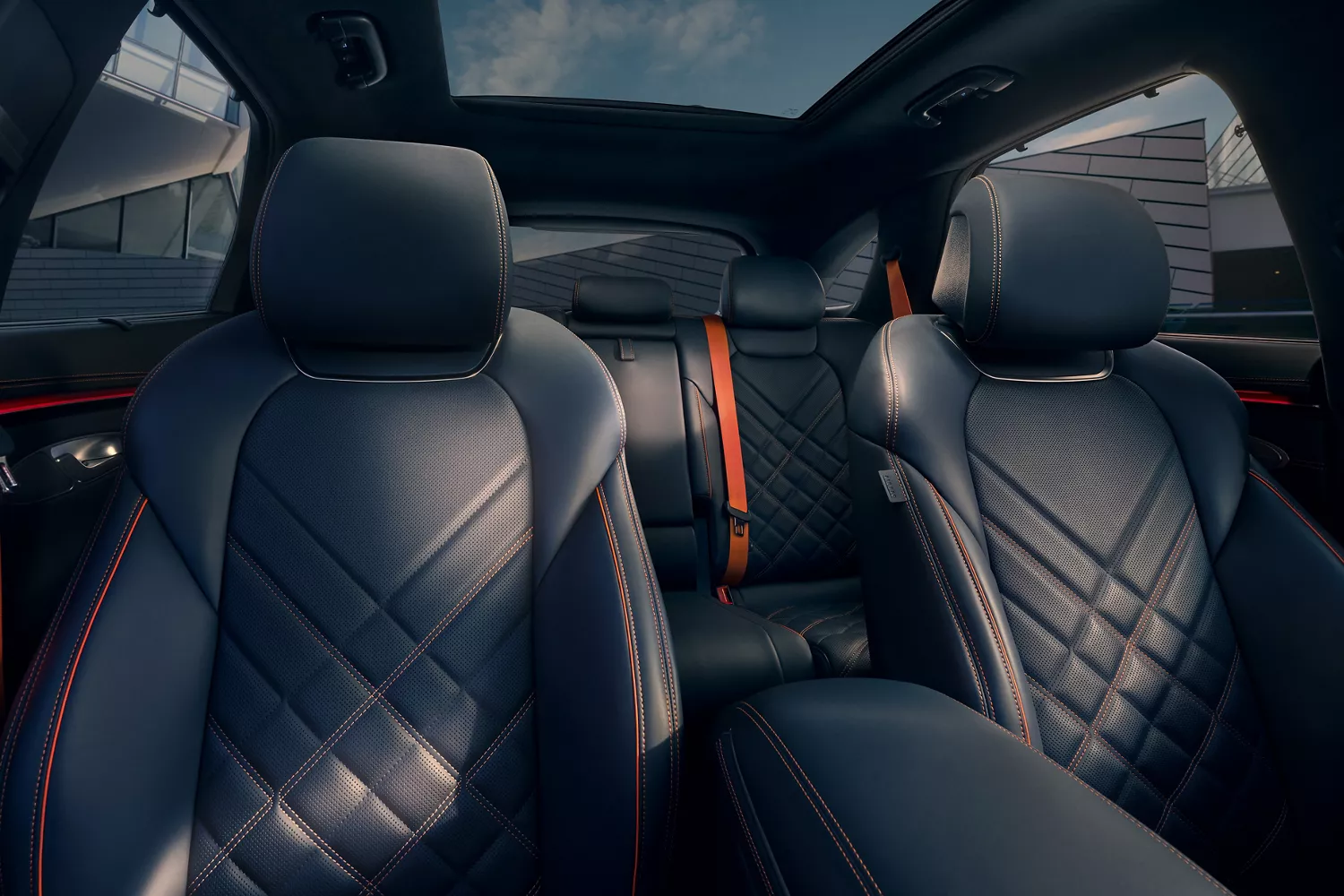 Interior close up of 2026 Genesis GV70 quilted leather seating in Obsidian Black & Ultra-Marine Blue