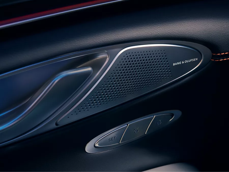 Interior Close up of 2026 Genesis GV70 driver-side door panel showing Bang & Olufsen speaker