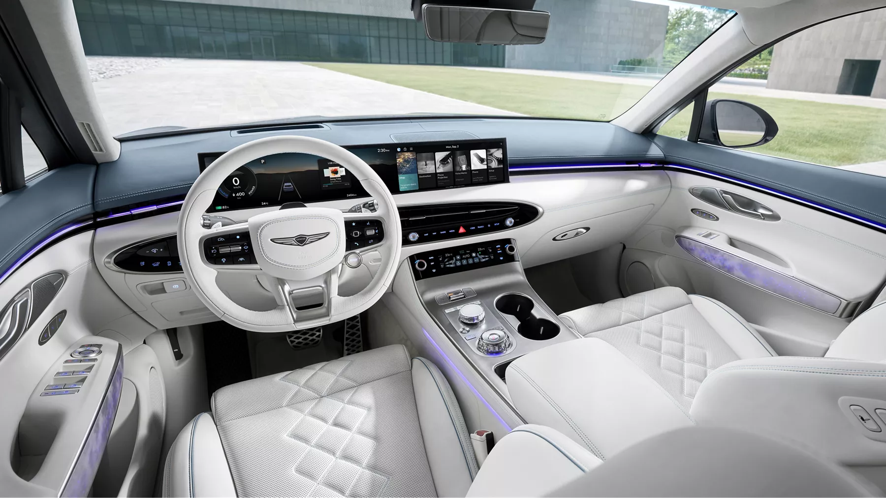 Interior POV view from driver side seat of the Genesis Electrified GV70