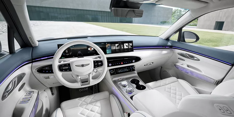 Interior POV view from driver side seat of the Genesis Electrified GV70