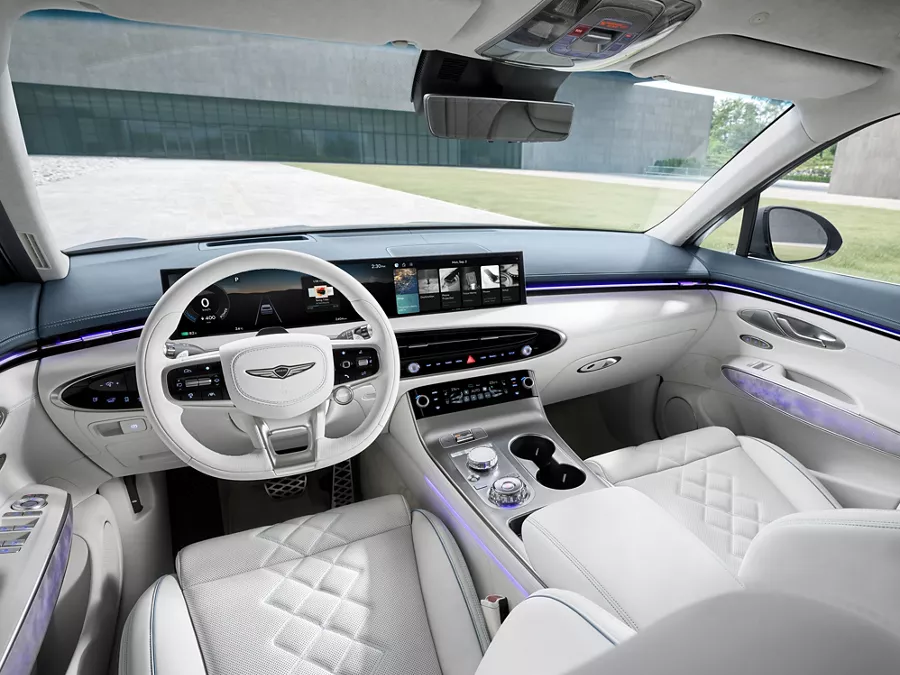 Interior POV view from driver side seat of the Genesis Electrified GV70