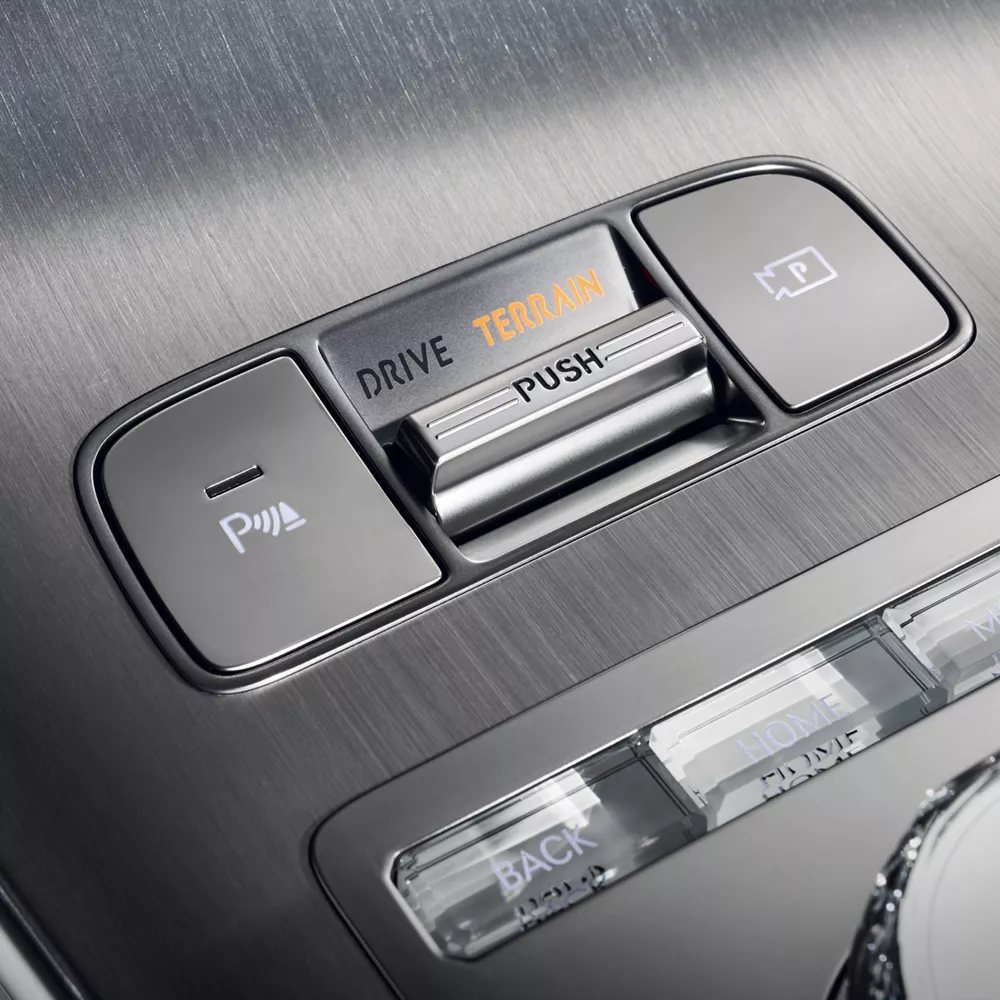 Interior closeup of Terrain mode button on center console inside Genesis Electrified GV70