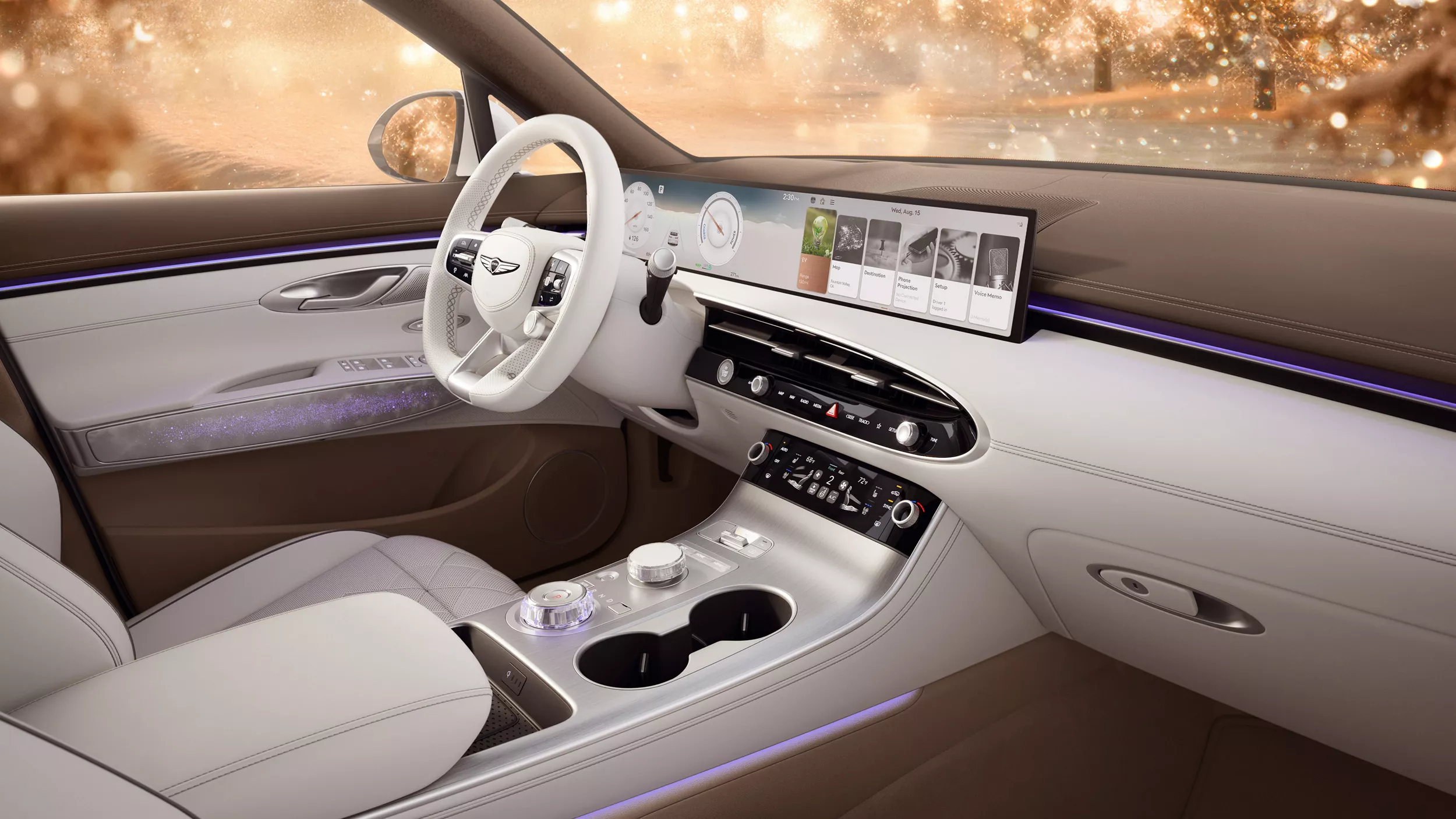 Front passenger seat pov of steering wheel & LED display in Genesis Electrified GV70