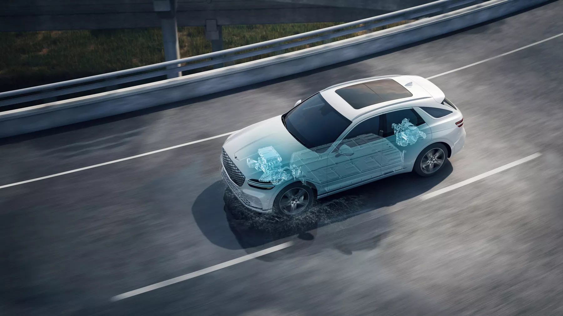 3/4 driver side aerial view of battery & drivetrain cross-section on white Genesis Electrified GV70