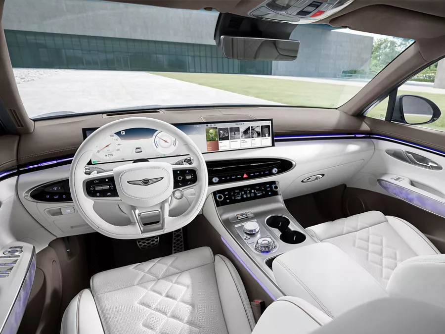 Interior POV view from driver side seat of the Genesis Electrified GV70