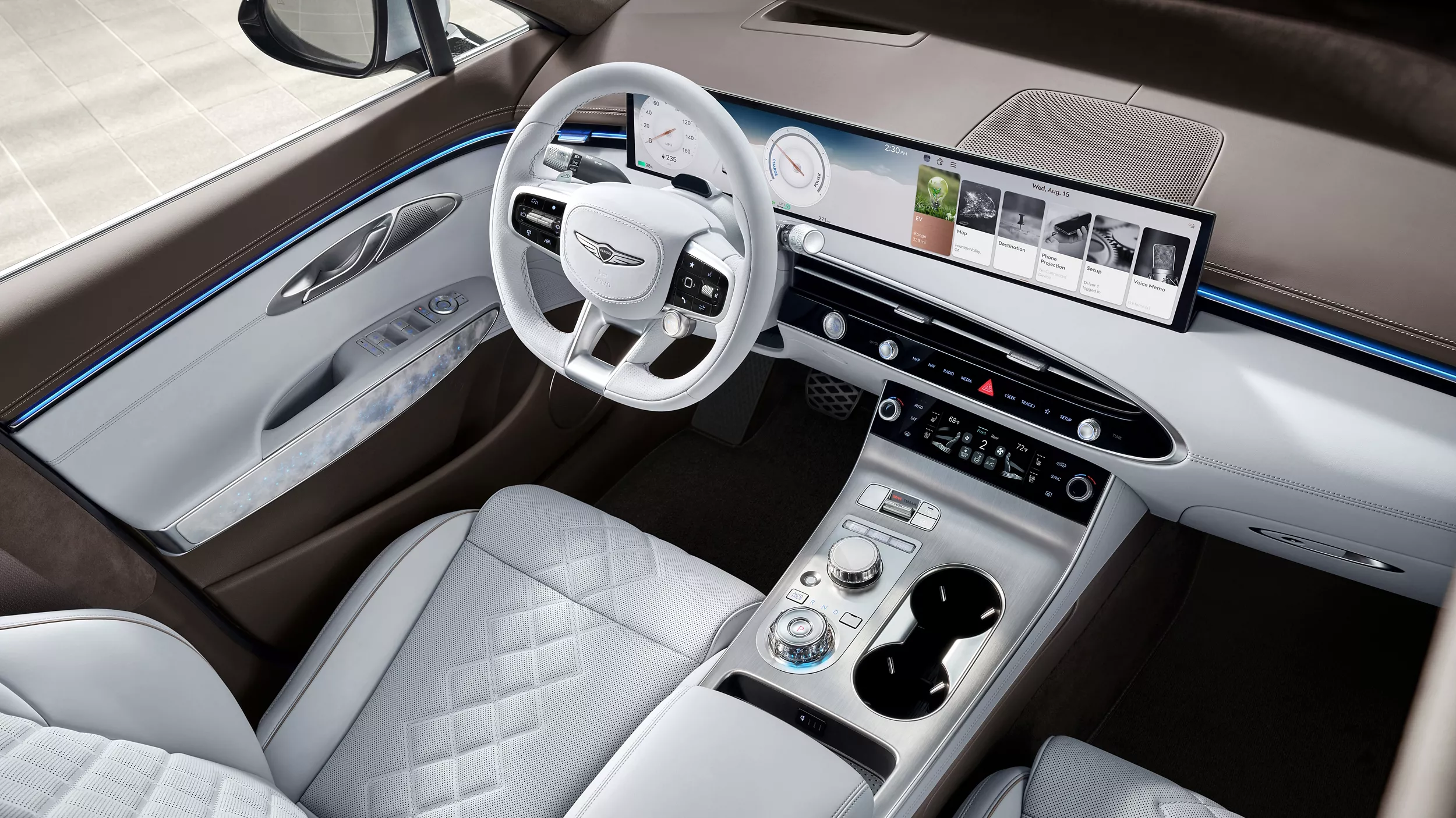 Top down interior view of Genesis Electrified GV70 in Frozen Gray/Urban Brown