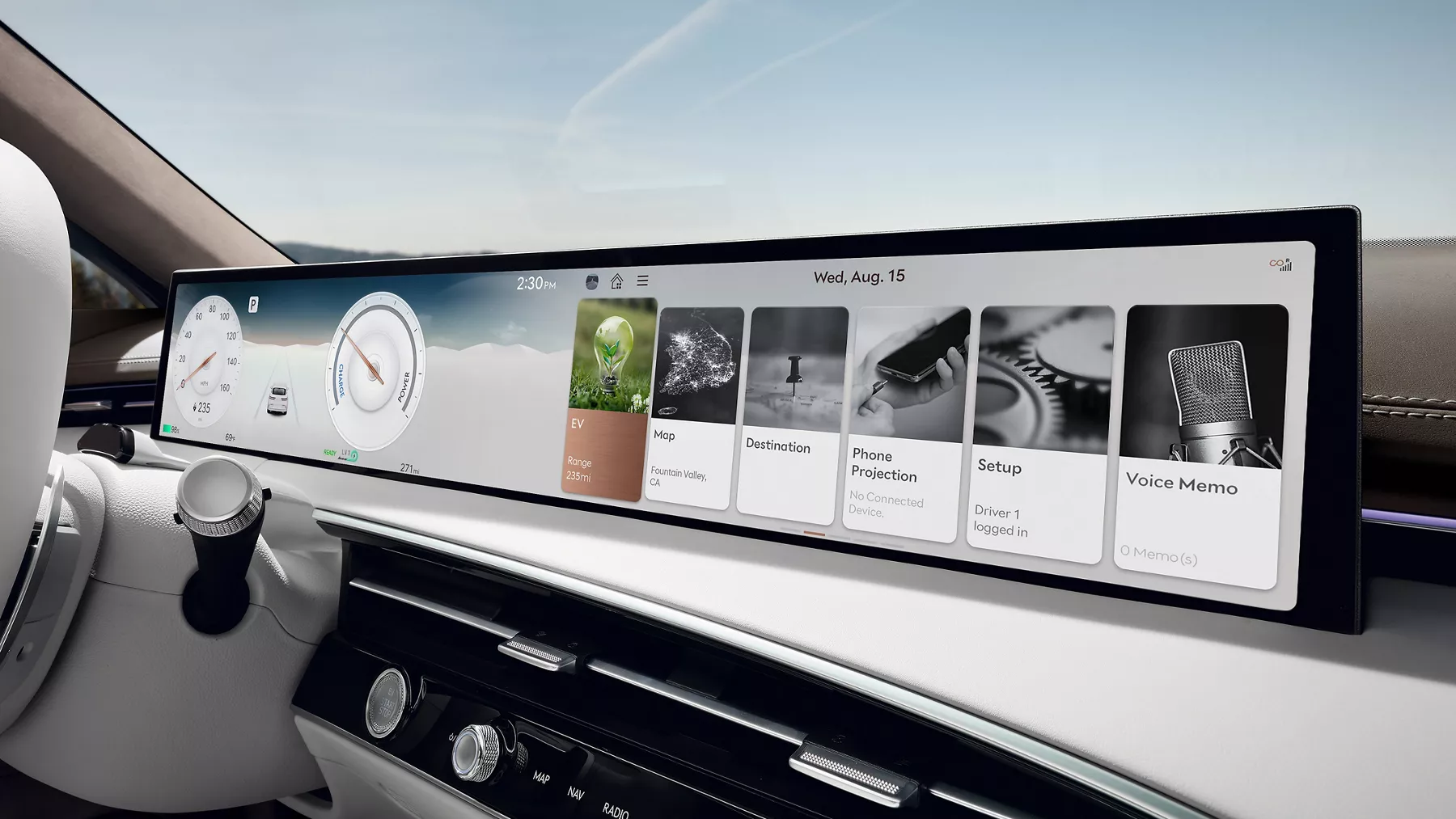 Interior closeup of 27-inch integrated OLED infotainment screen inside Genesis Electrified GV70