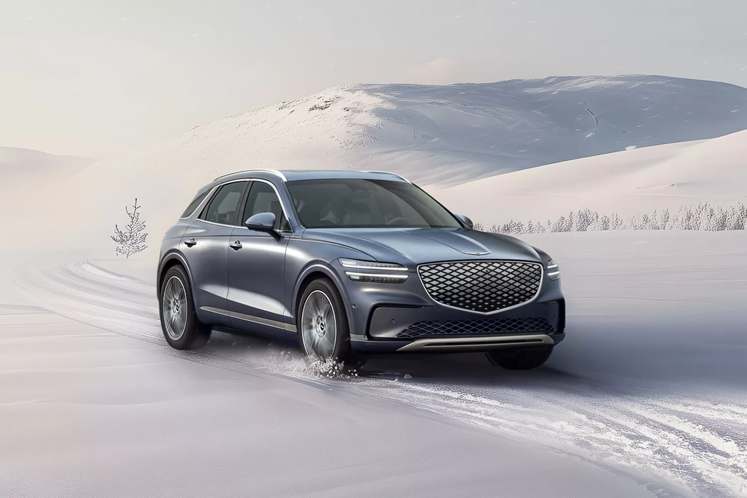 7/8 front passenger side view of Genesis Electrified GV70 through snow