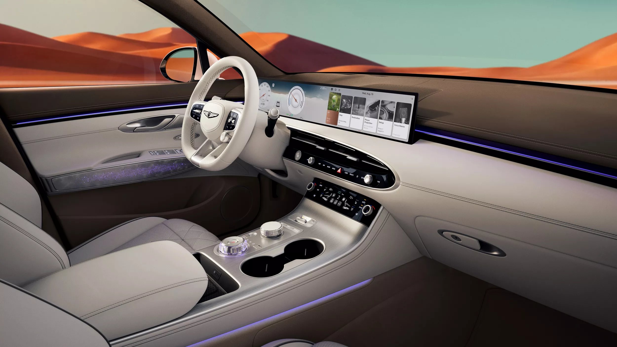 Interior view of gray front seats inside Genesis Electrified GV70, mountain and blue sky background