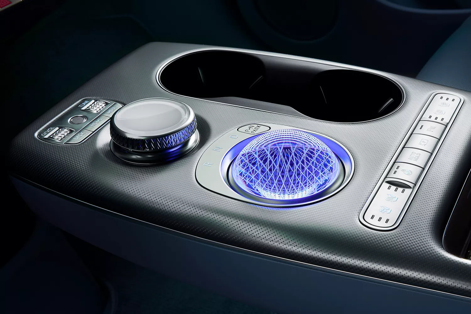 Interior close up of 2026 Genesis GV60 center console showcasing crystal sphere