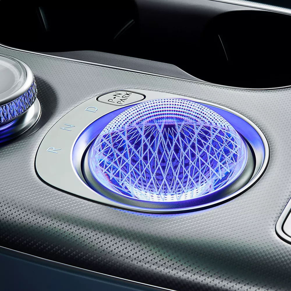 Interior close up of 2026 Genesis GV60 center console showcasing crystal sphere