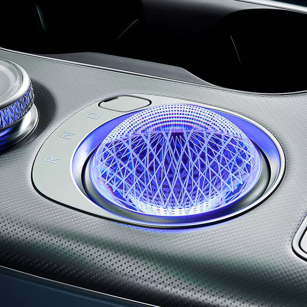 Interior close up of 2026 Genesis GV60 center console showcasing crystal sphere