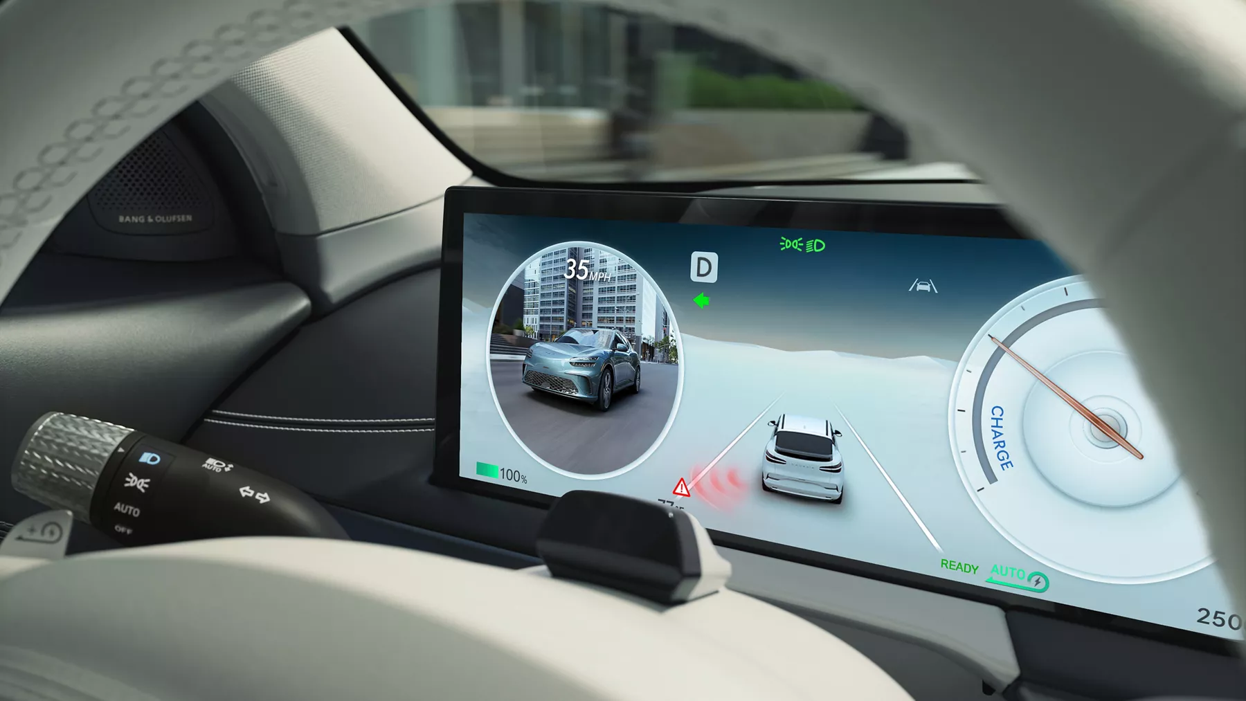 Interior close up of 27 inch OLED information display through steering wheel, inside Genesis GV60