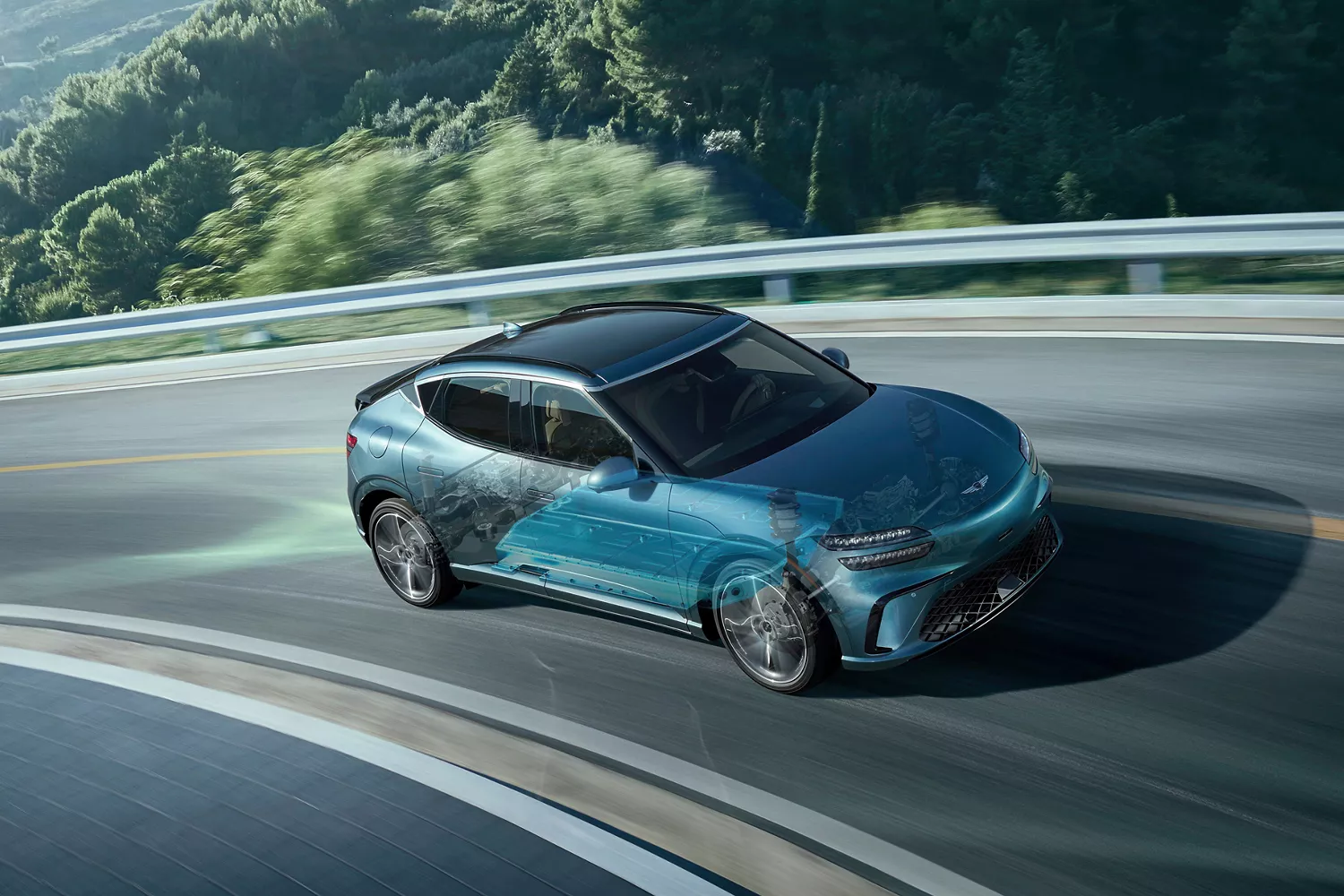 3/4 front passenger side cross-section of Genesis GV60 in Tromso Green, driving on road
