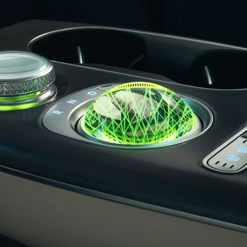 Interior close up of Crystal Sphere and Shift By Wire on center console, inside Genesis GV60