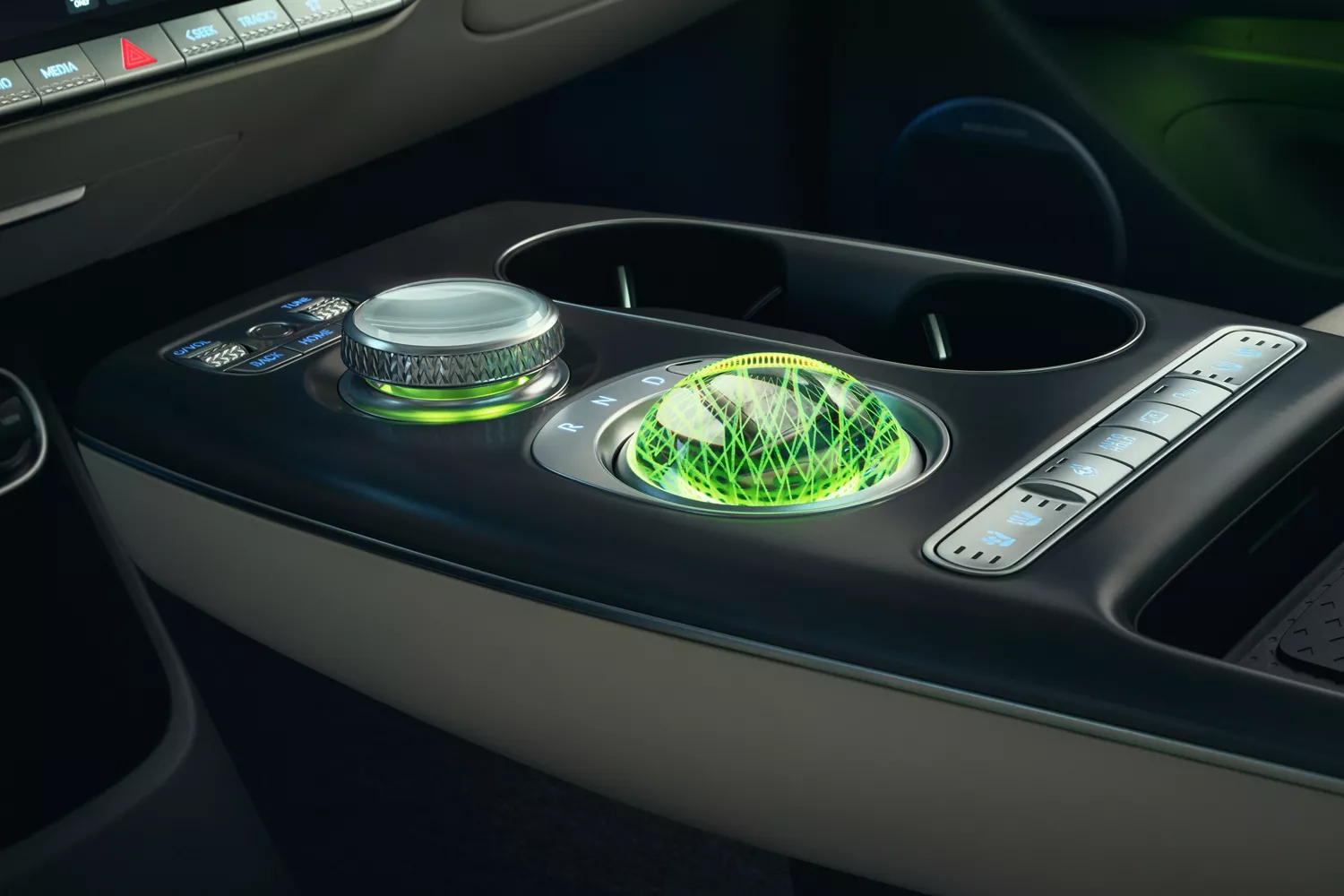 Interior close up of Crystal Sphere and Shift By Wire on center console, inside Genesis GV60