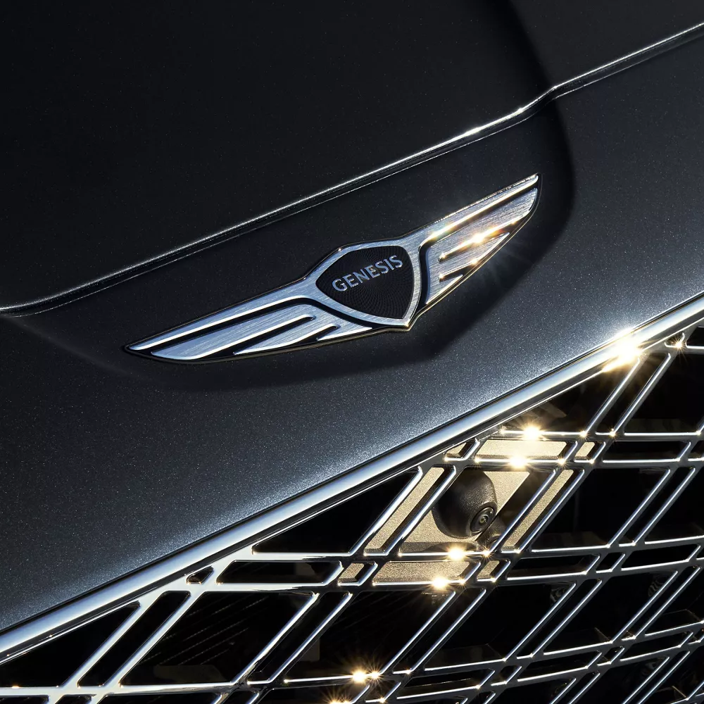 Close up of the logo hood emblem and grille on the Genesis GV80 in Makalu Gray