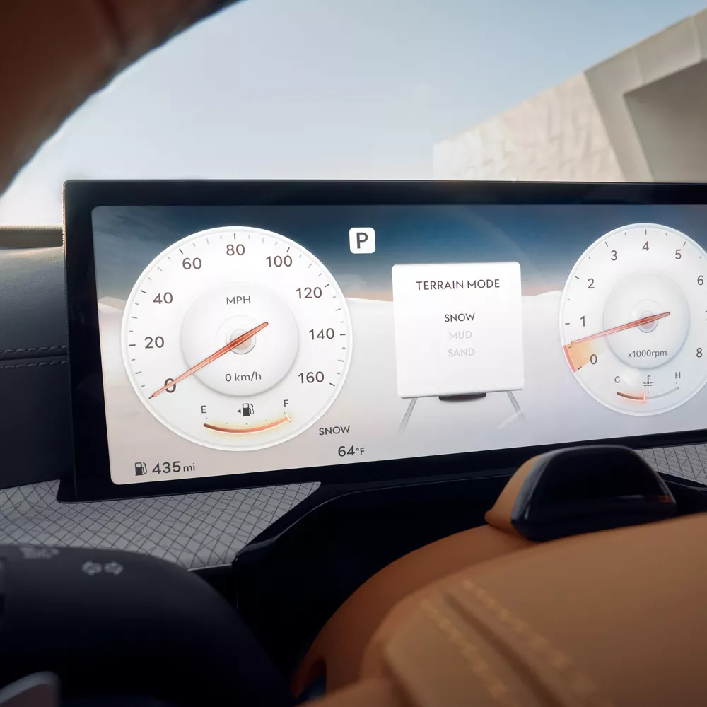 Close up interior image of digital instrument cluster with the Driver Mode display in Genesis GV80
