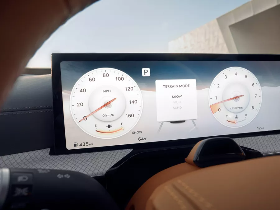 Close up interior image of digital instrument cluster with the Driver Mode display in Genesis GV80