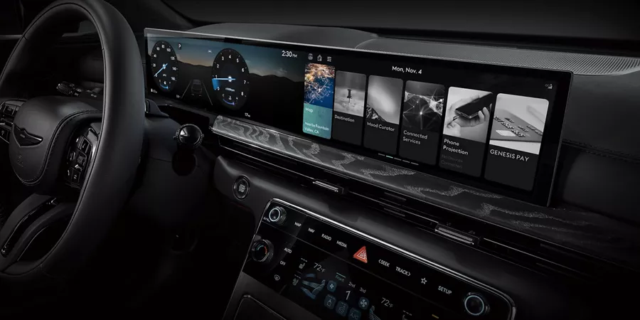 Interior close up of center infotainment/navigation screen inside Genesis GV80 Prestige Black