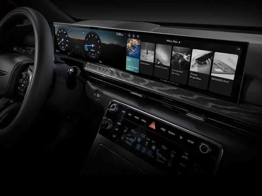 Interior close up of center infotainment/navigation screen inside Genesis GV80 Prestige Black