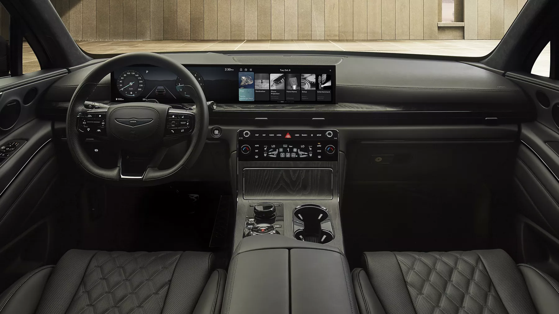 Interior view of steering wheel and dashboard inside 2026 Genesis GV80 Coupe Prestige Black
