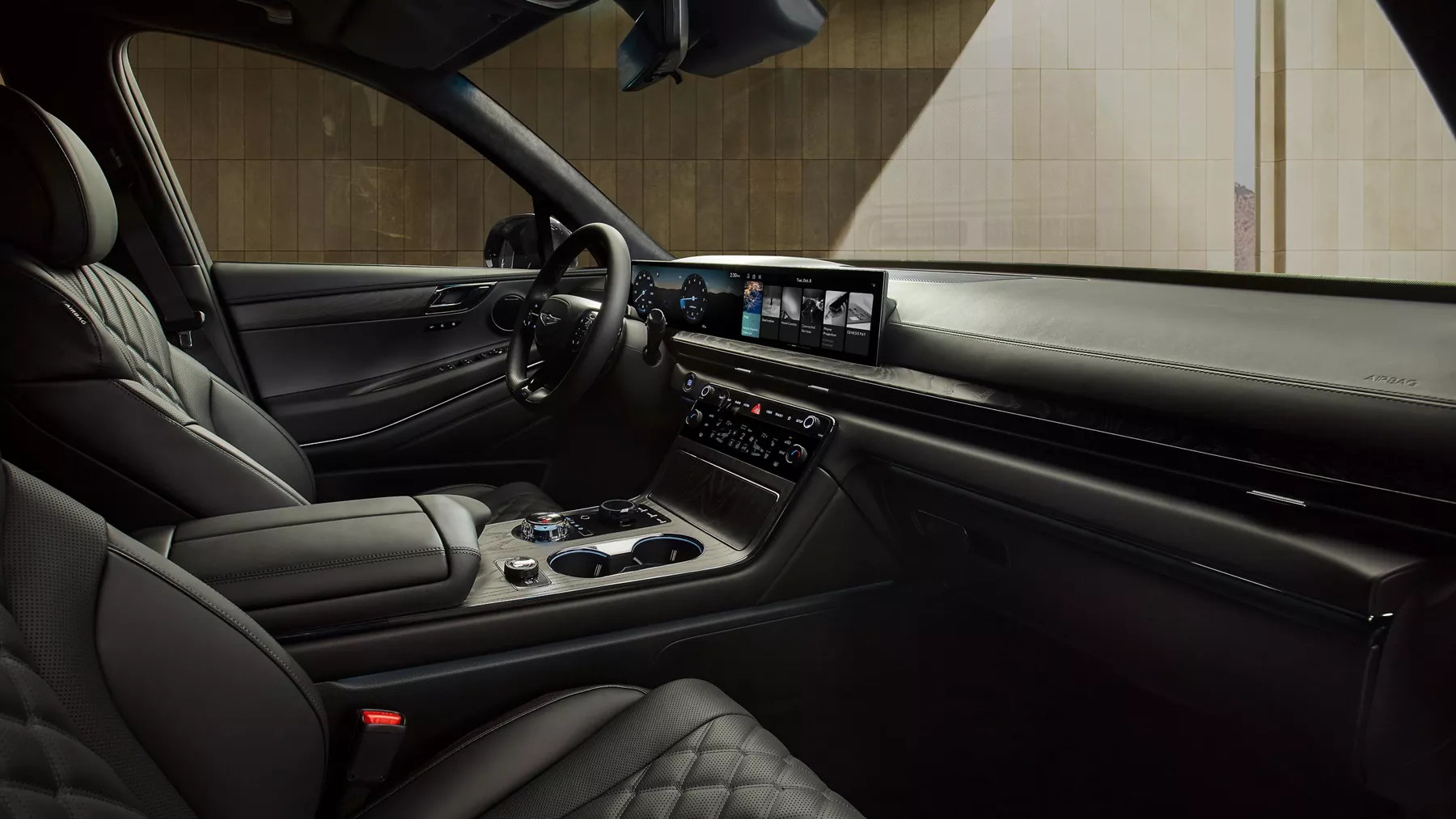 Interior passenger seat pov of black Nappa leather cockpit inside Genesis GV80 Coupe Prestige Black