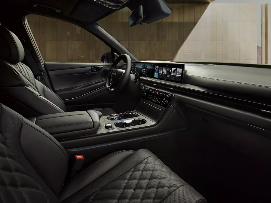 Interior passenger seat pov of the Genesis GV80 Coupe Prestige Black cabin in black Nappa leather