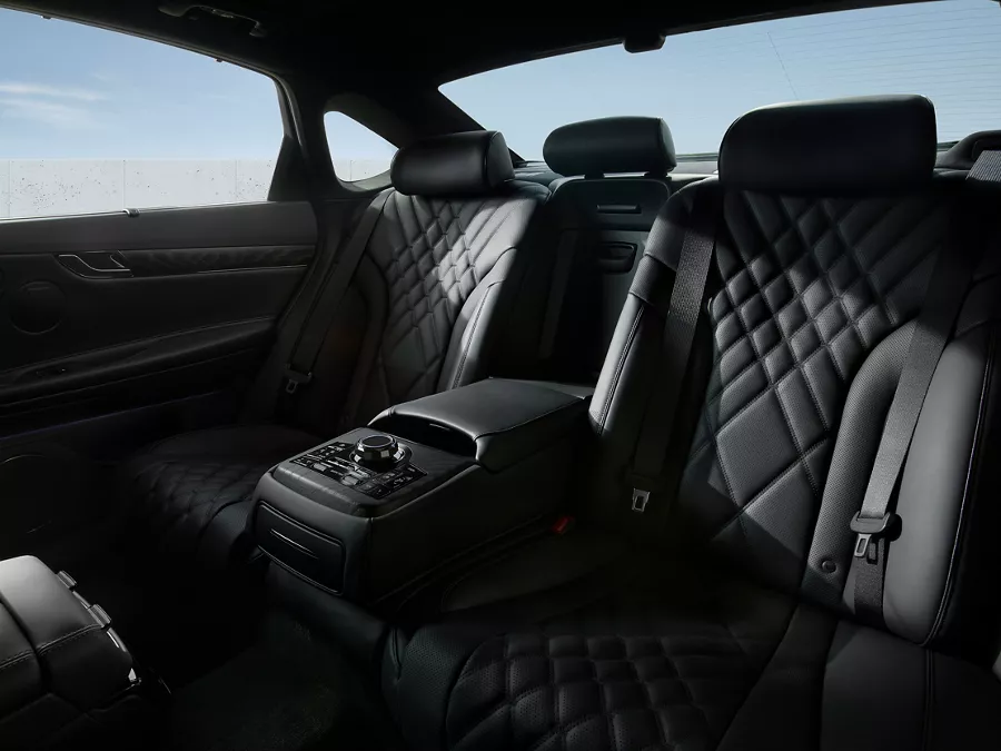 Interior pov of black nappa leather rear seating inside Genesis G80 Prestige Black