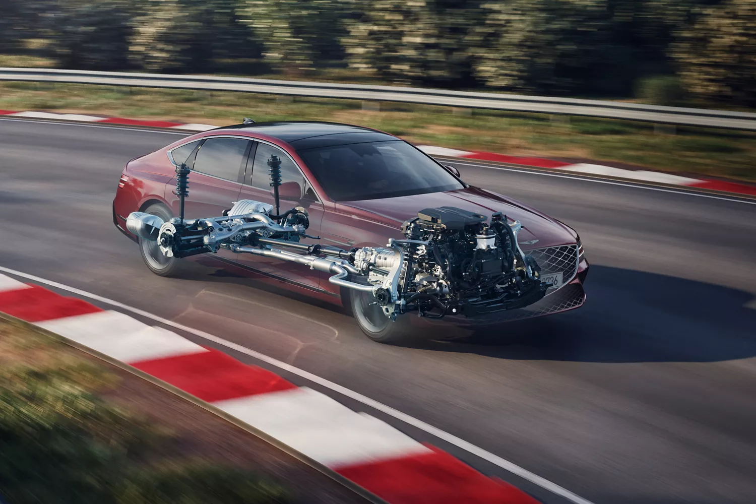 Cavendish Red Genesis G80 on racetrack with computer generated exposed engine and suspension components highlighted
