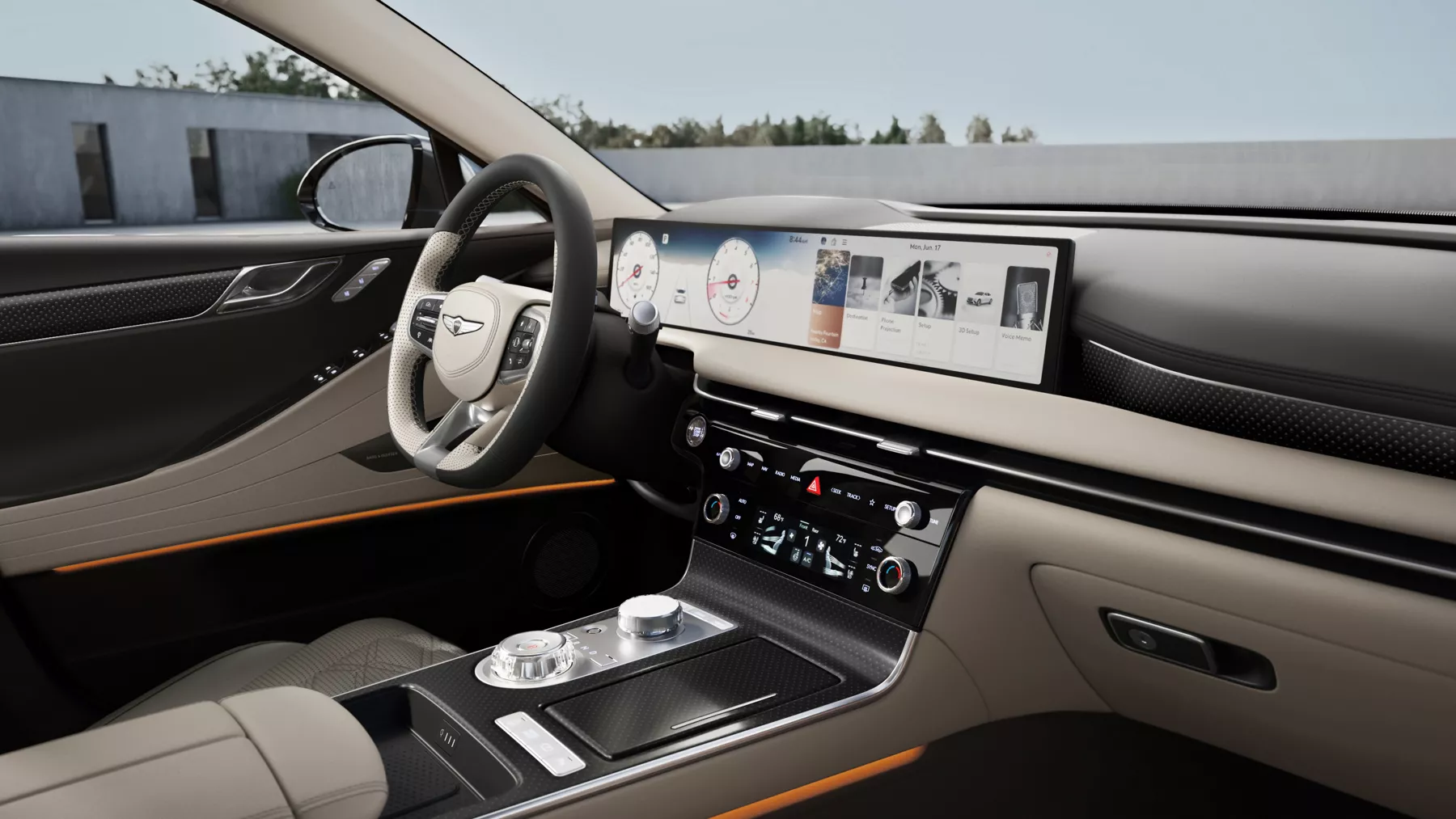 Genesis G80 interior with Ash Gray and Vanilla Beige leather, wide digital display and refined center console