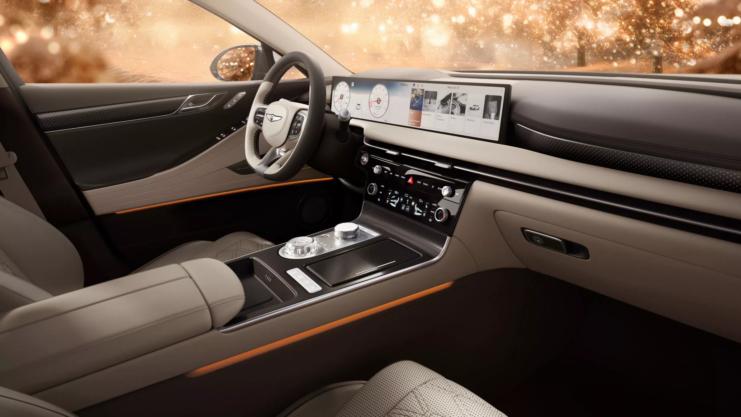 Front passenger pov of steering wheel & LED display in Genesis G80 with tan leather interior