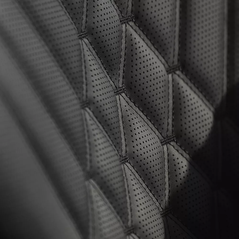 Close up of quilted obsidian Nappa leather seating in the 2026 Genesis G80 Prestige Black