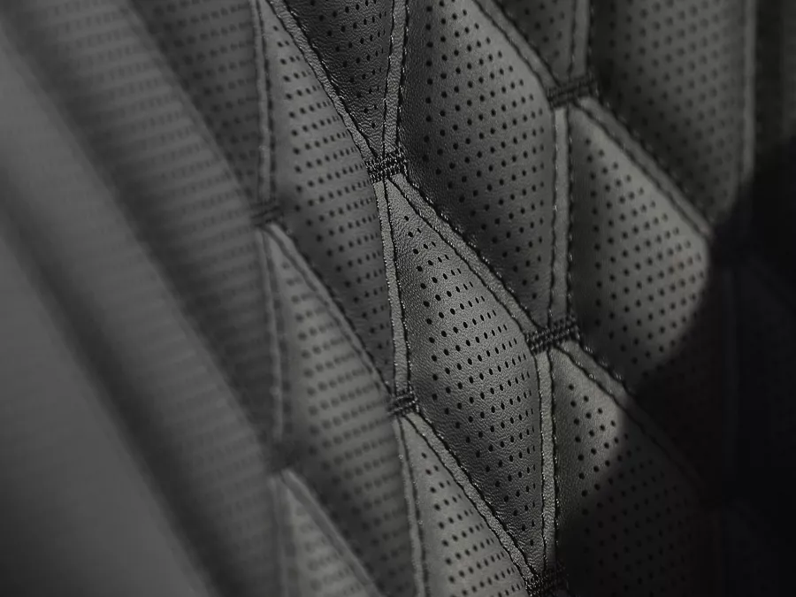 Close up of quilted obsidian Nappa leather seating in the 2026 Genesis G80 Prestige Black