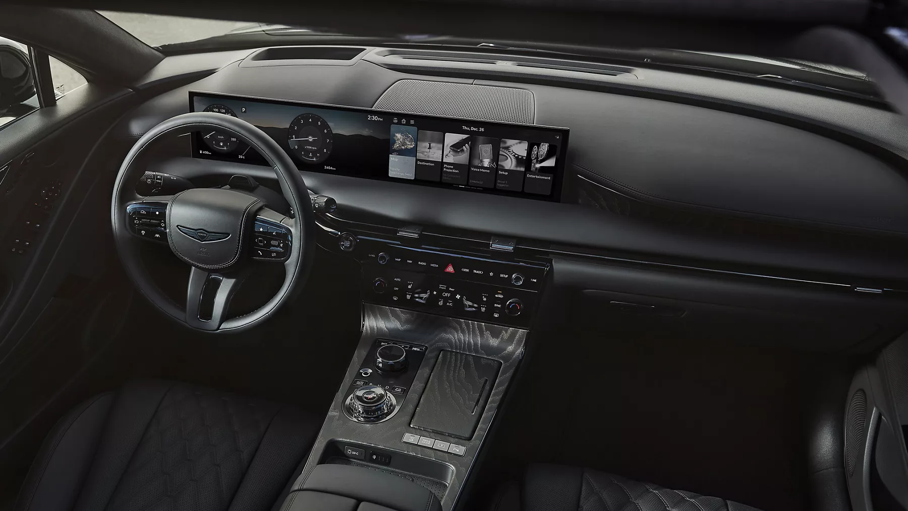 Overhead view from sunroof looking inside cockpit of Genesis G80 Prestige Black, all black interior