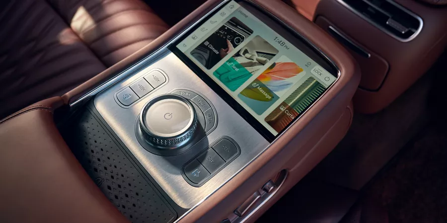 Interior close up of center console in Bordeaux brown inside the 2026 Genesis G90