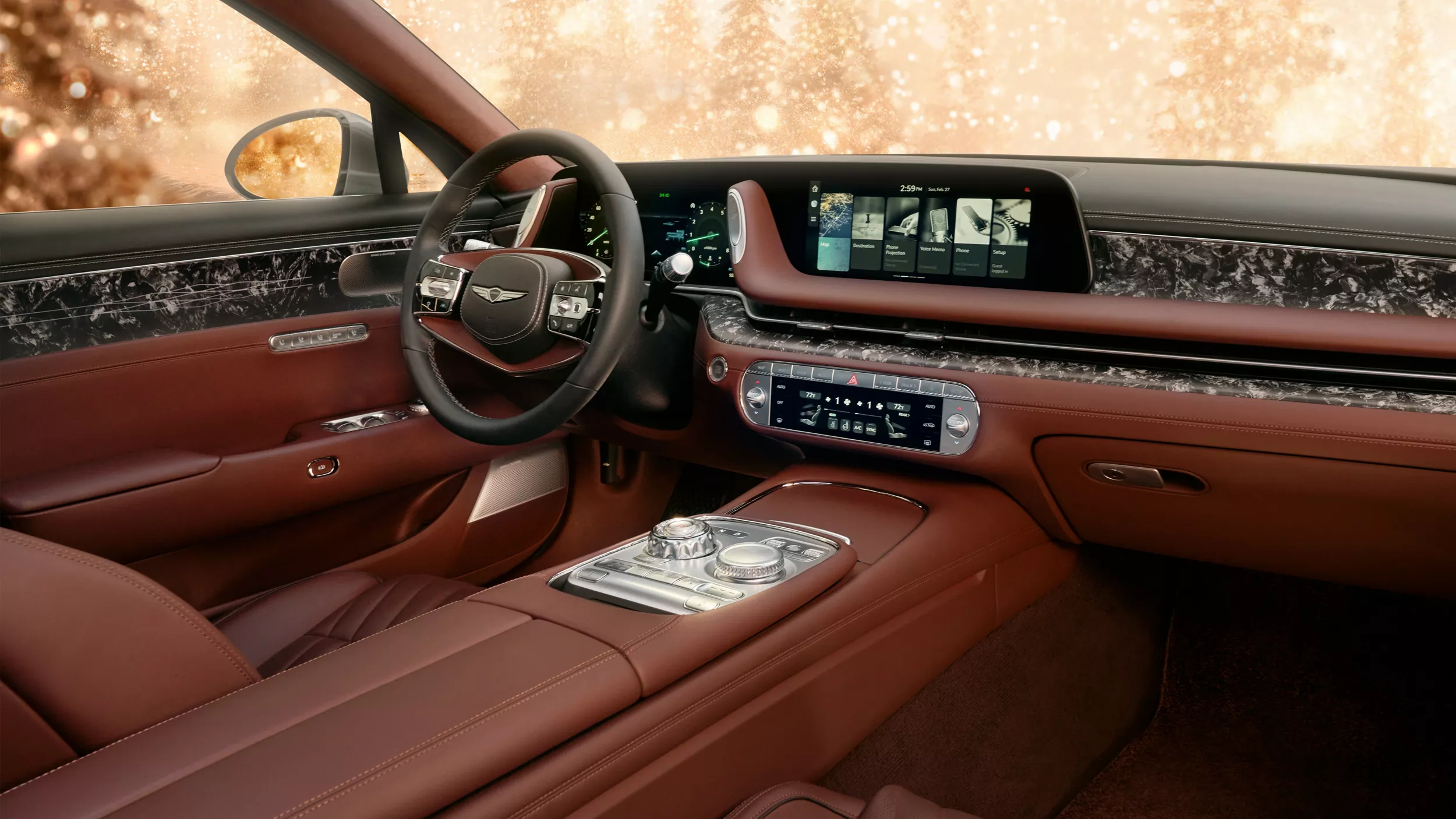 Front passenger pov of steering wheel & LED display in Genesis G90 with red leather interior